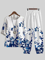 Blue Casual Round Neck Floral Printed Half Sleeve Two Piece Suit