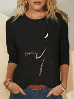 Solid Cat & Moon Printed Long Sleeve Round Neck Casual Blouse