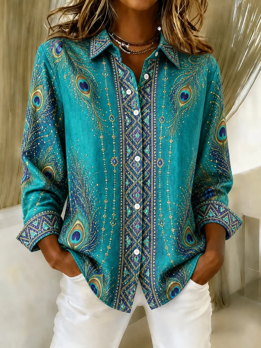 Women Geometric Casual Shirt Collar Long Sleeve Printing Top