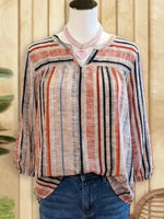Soft Pink Striped V-Neck Long Sleeve Top