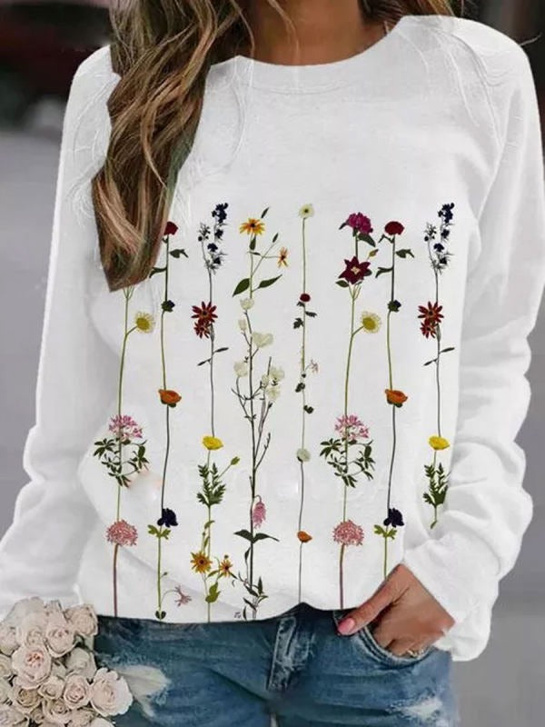 White Casual Graphic Tops Round Neck Long Sleeve Floral Printed Sweatshirts