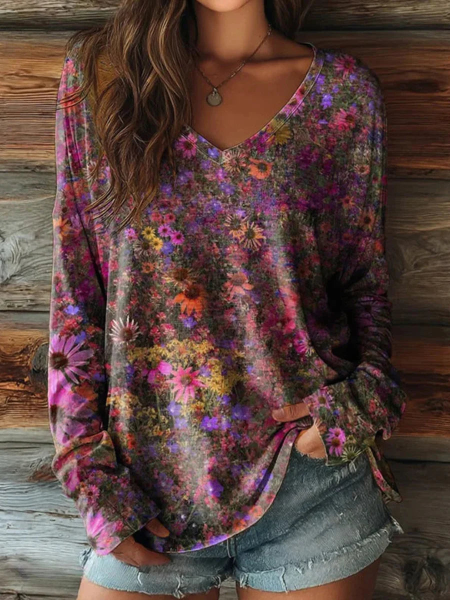 Vintage Floral Print V-neck Long Sleeve T-Shirt
