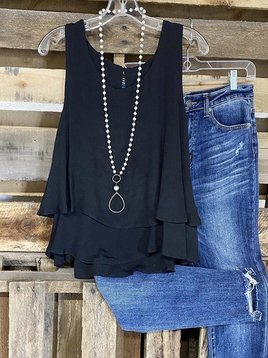 Women's Sleeveless Layered Ruffle Hem Flowy Summer Top