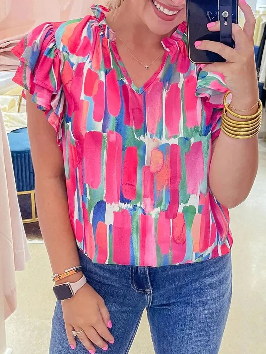 Vibrant Pink Brushstroke Ruffle Cap Sleeve V Neck Top