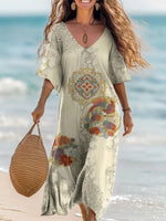 Women's Vintage Floral Art Print V-Neck Cotton Short Sleeve Dress