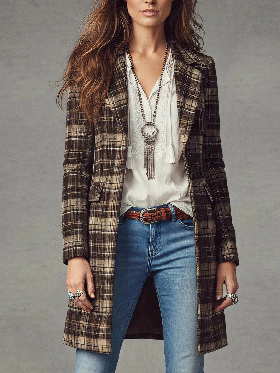 Classic Brown Check Long Sleeve Blazer