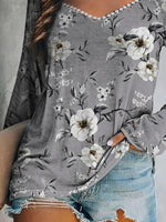Gray Casual Tops V-neck Long Sleeve Floral Printed Sweatshirt