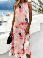 Romantic Pink Watercolor Floral Sleeveless Midi Dress