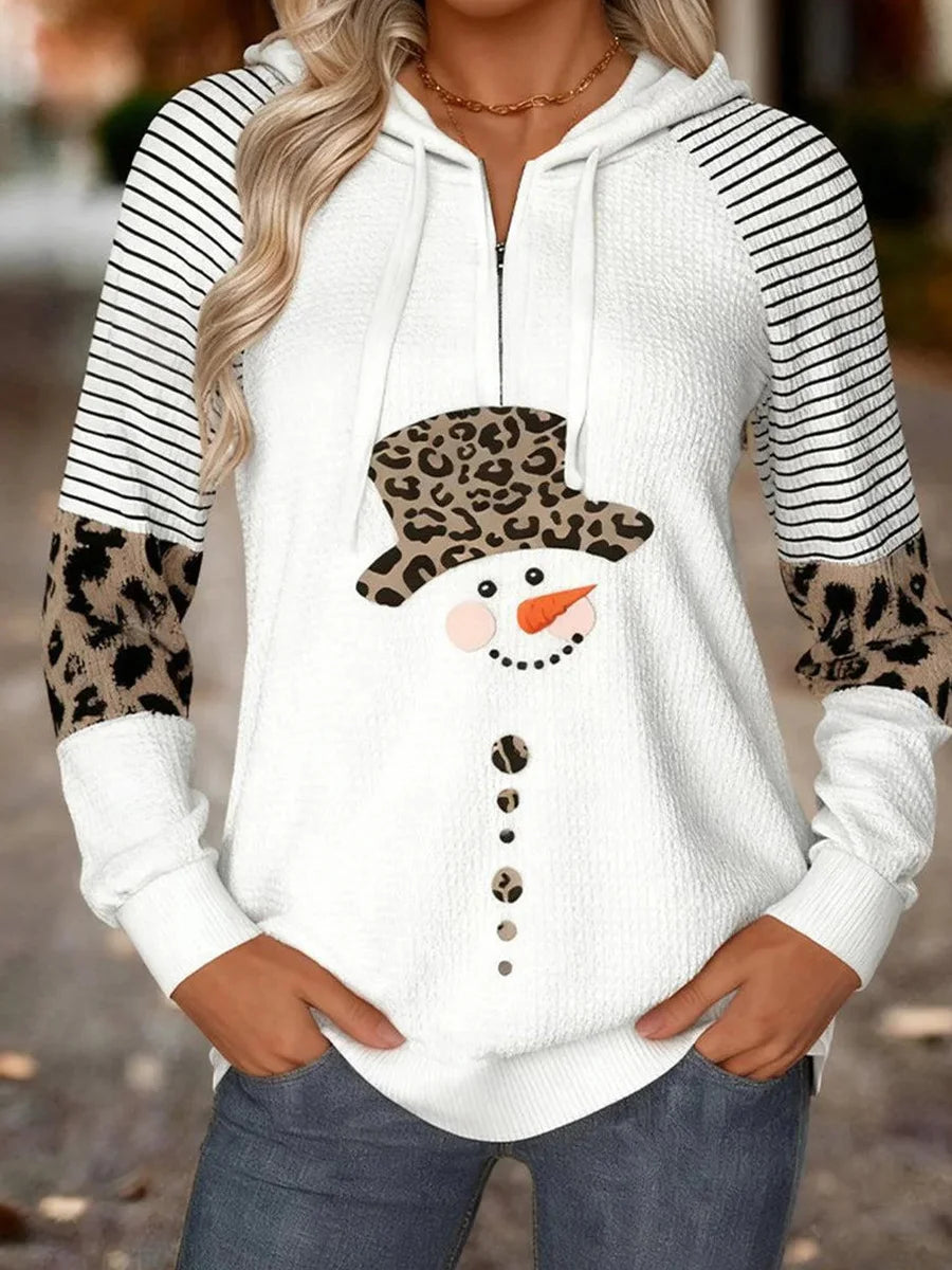 Cute White Snowman Print Long Sleeve Zip Front Sweatshirt
