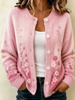 Women's Breast Cancer Awareness Month Floral Print Crew Neck Long Sleeve Casual Cardigan