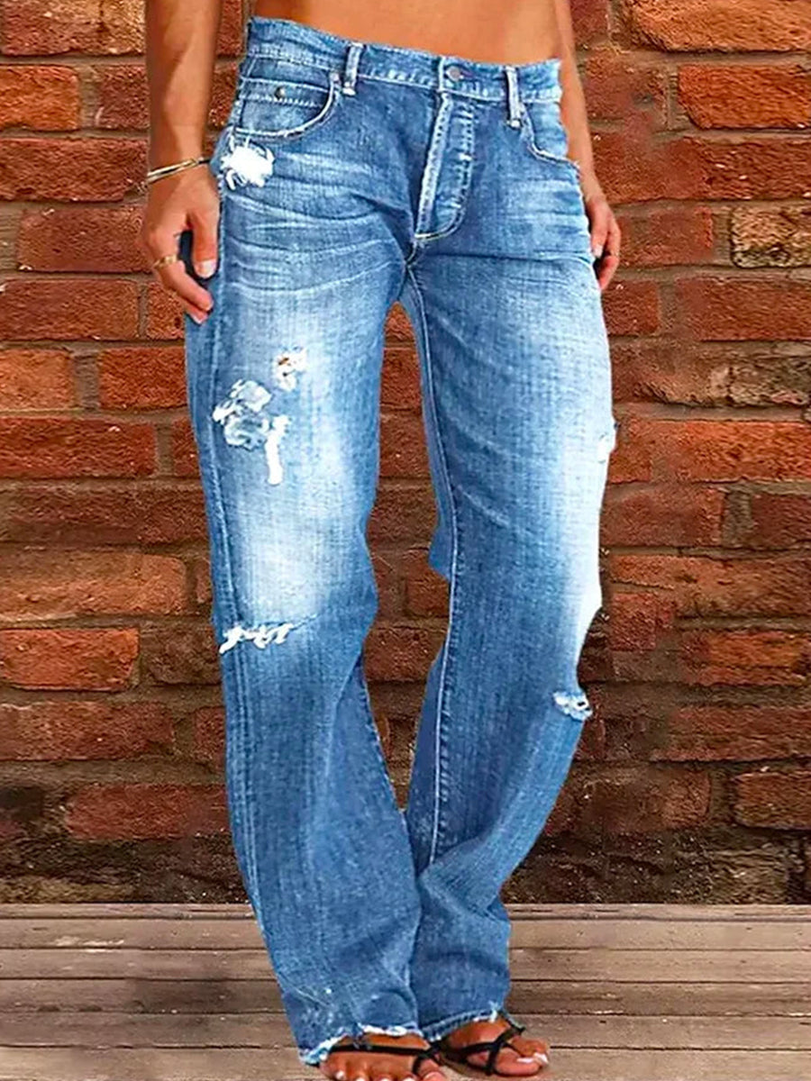 Women's Casual Distressed Straight Leg Jeans