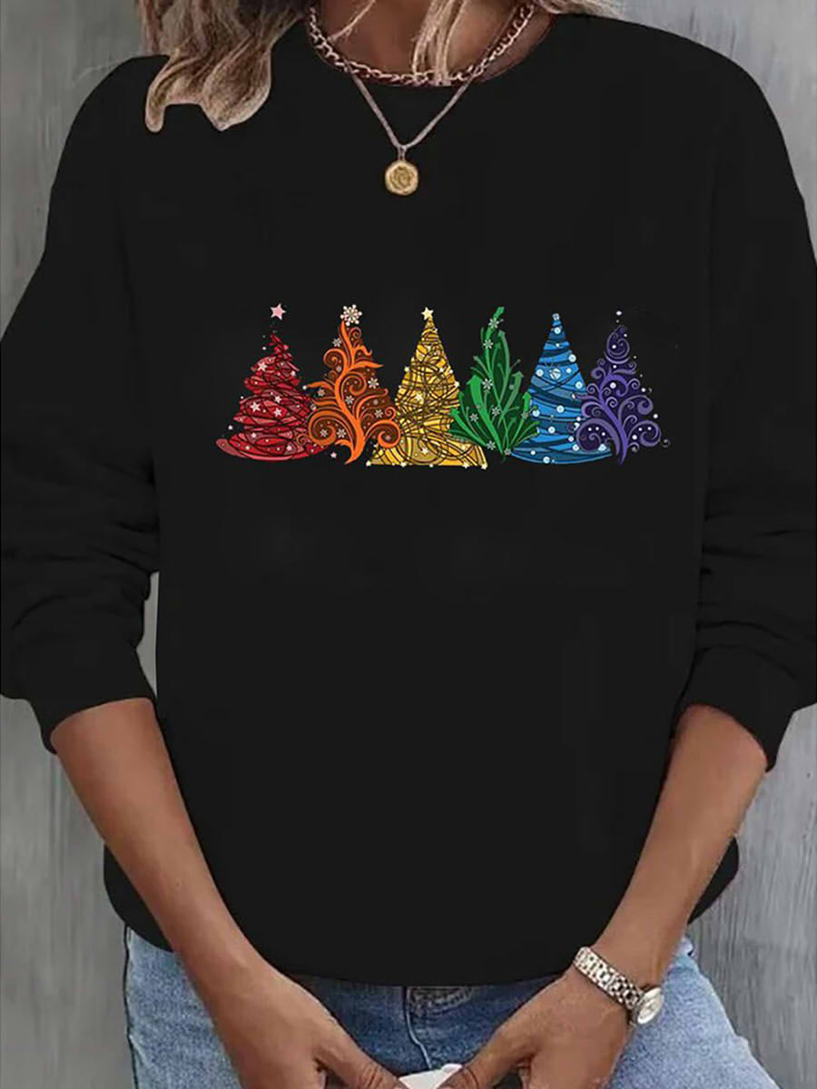Casual Crew Neck Knitted Christmas Tree Sweatshirt