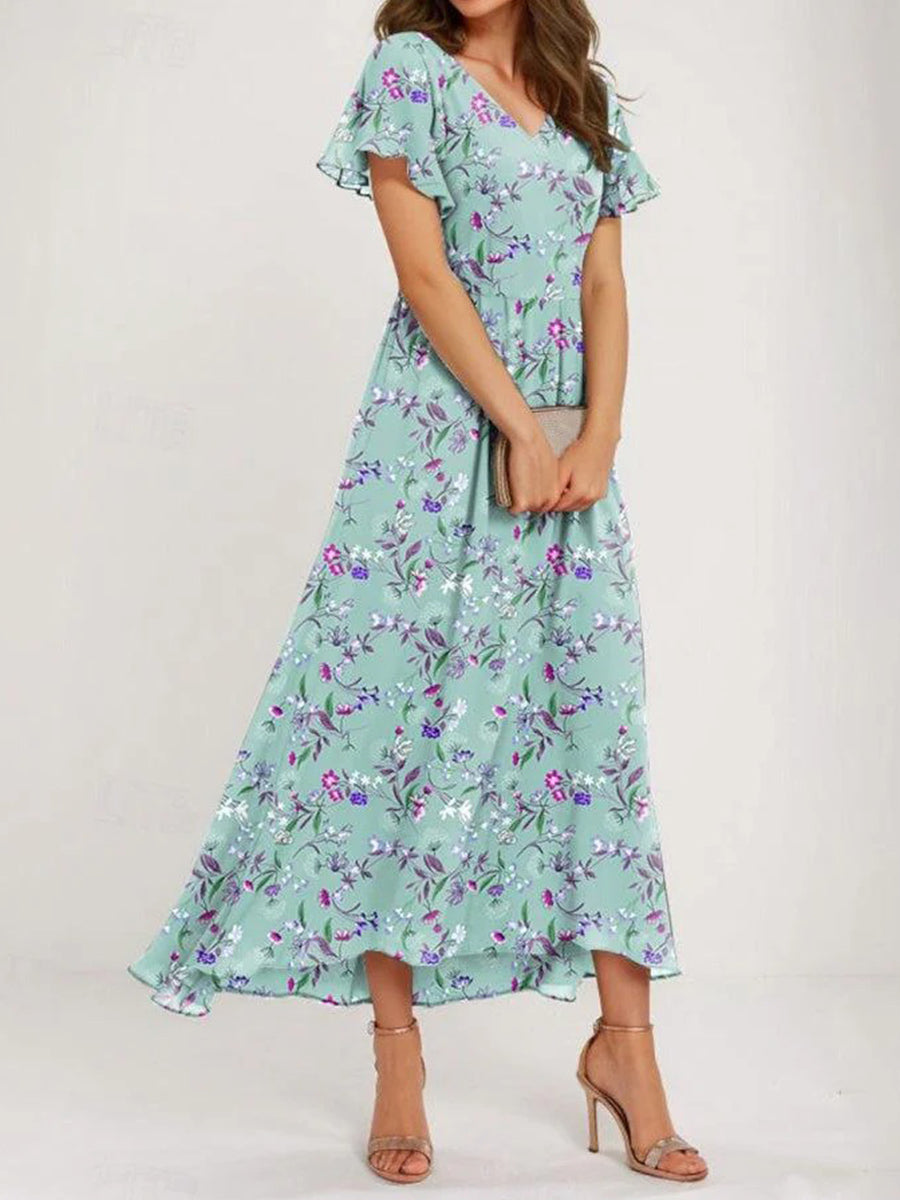 Floral Print V-neck Short Sleeve Green Maxi Dress