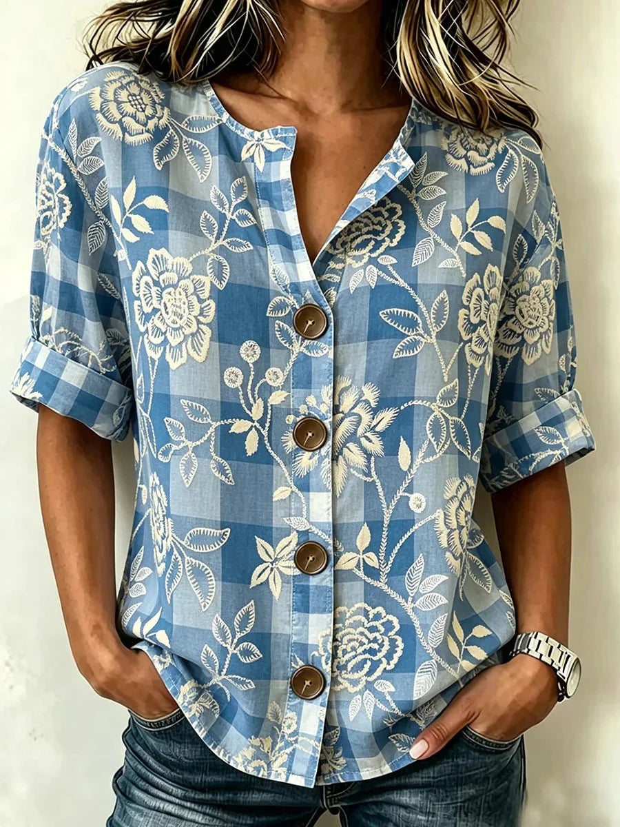 Blue Gingham Floral Print 3/4 Sleeve Blouse