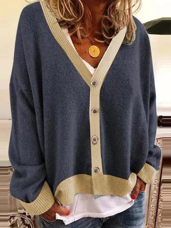 Purplish blue Casual Graphic Tops V-neck Long Sleeve Patchwork with Buttons Coat