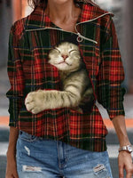 Red Casual Graphic Tops Lapel Long Sleeve Cat Printed with Zipper Plaid Sweatshirts