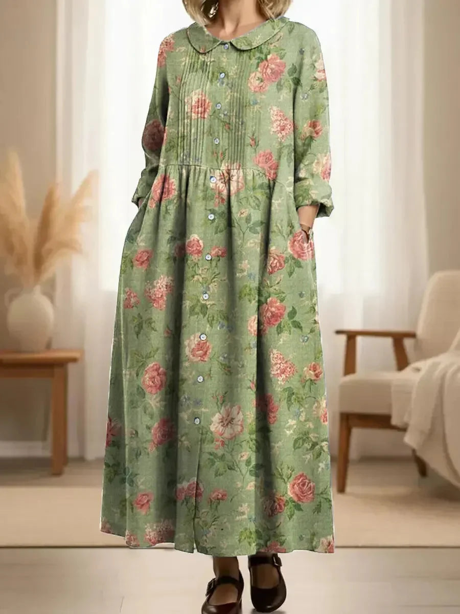 Women's Vintage Floral Pattern Art Print Casual Long Sleeve Dress