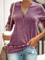 Casual Long Sleeve V-neck Solid Zipper T-shirt