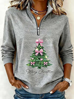 Grey Merry Christmas Tree Print Long Sleeve Sweatshirt