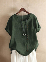 Women's Casual Loose-Fit Cotton Short Sleeve Blouse with Side Buttons