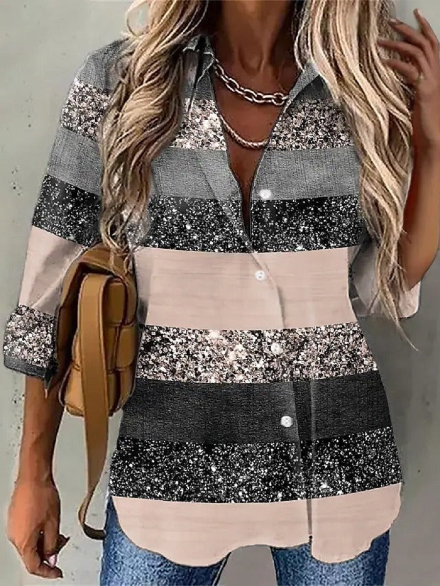 Casual Stand Collar Stripe Long Sleeve Blouse