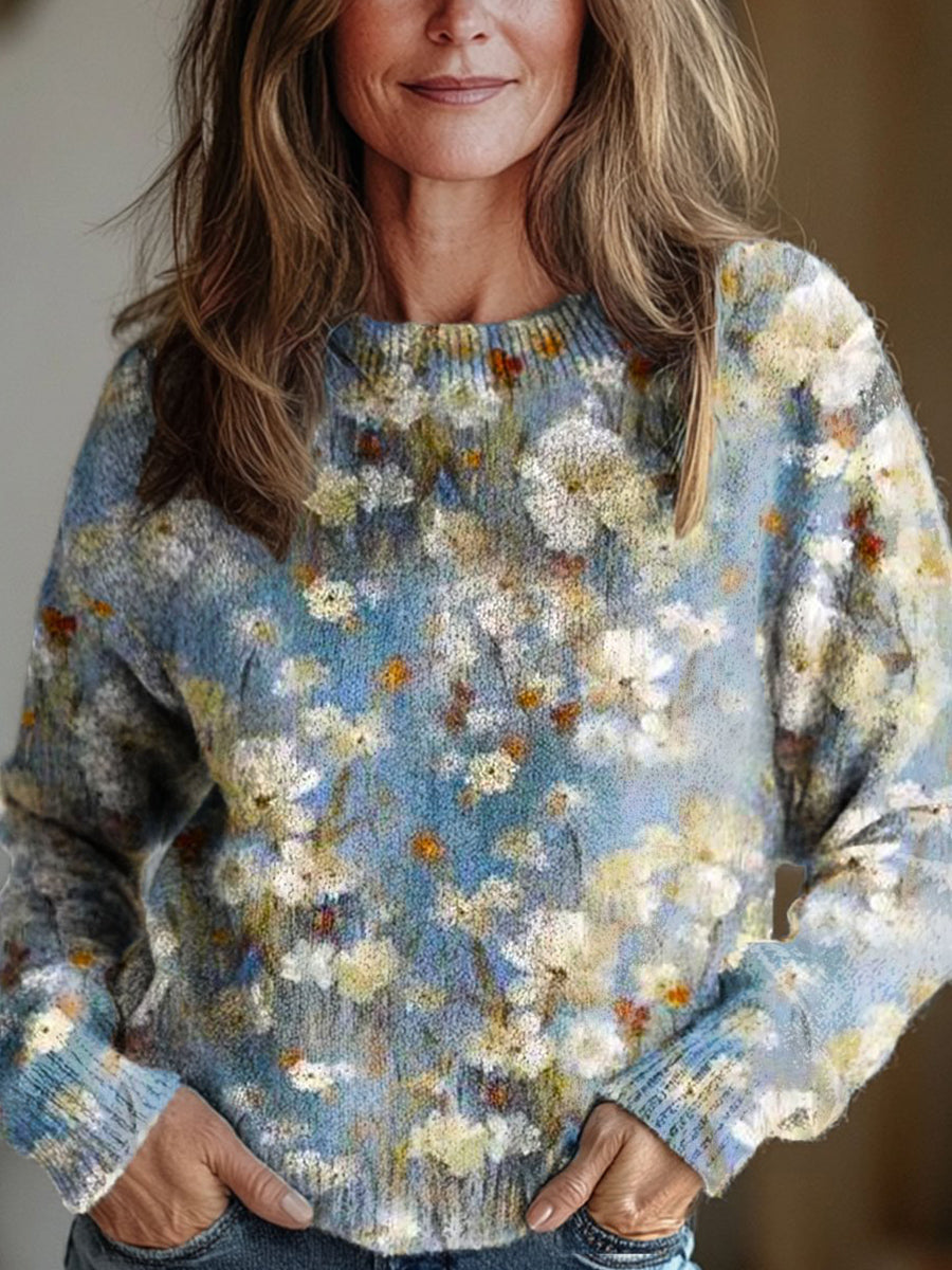 Women's Vintage Floral Art Print Round Neck Long Sleeve Pullover Sweater
