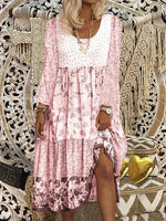 Women's Vintage Floral Patchwork Long Sleeve Boho Midi Dress