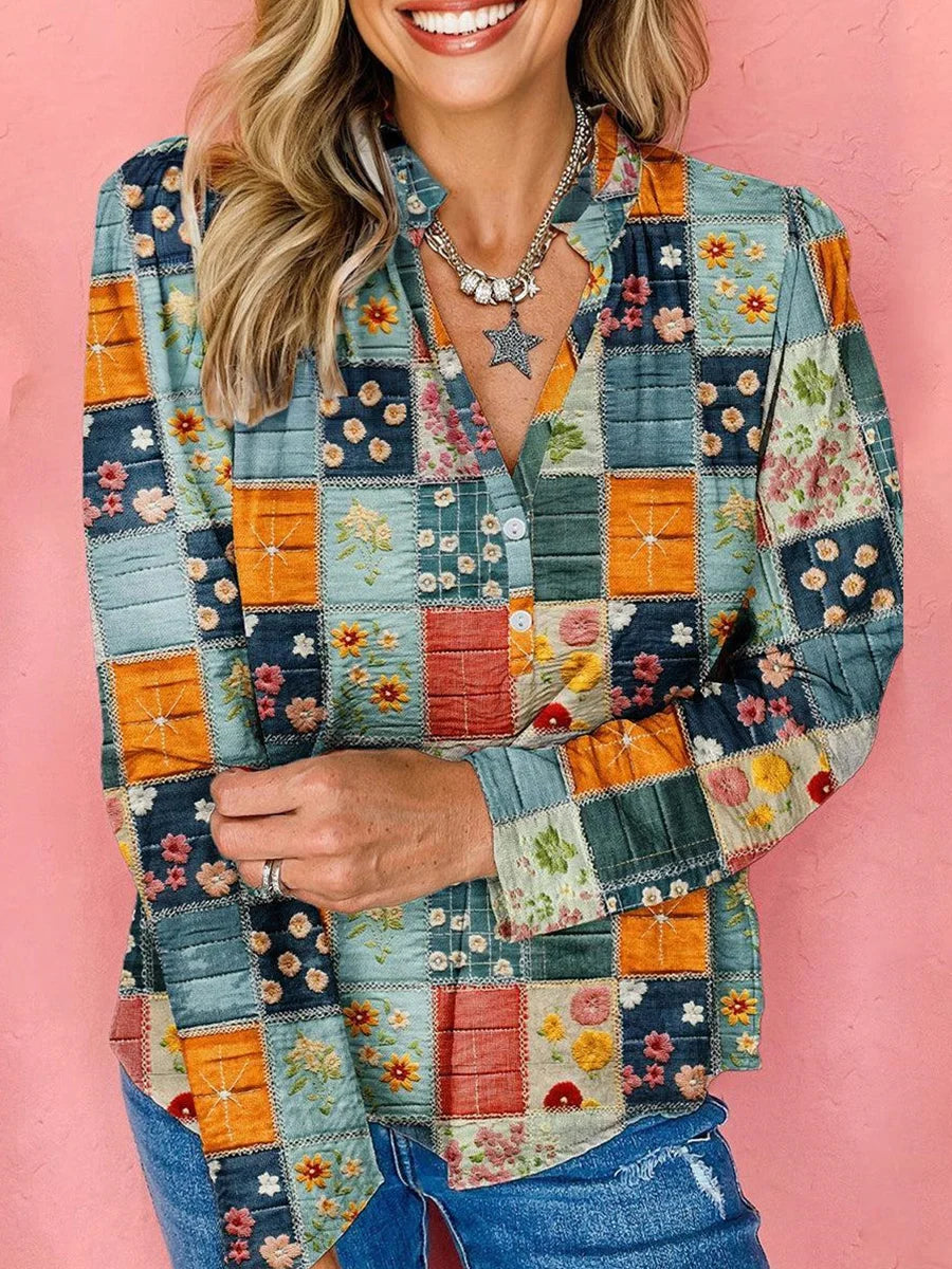 Colorful Floral Print V-neck Long Sleeve Blouse