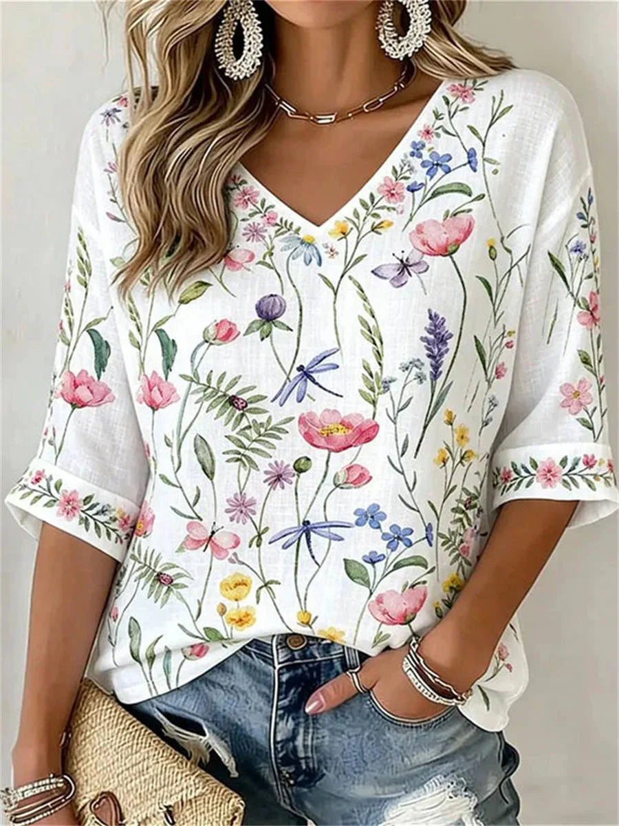 Vintage Floral Print V-neck 3/4 Sleeve Blouse
