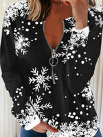 Crew Neck Long Sleeve Zipper Snowflake Printed Sweatshirt