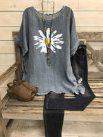 Short Sleeve Crew Neck Shift Sunflower Print Casual Blouse