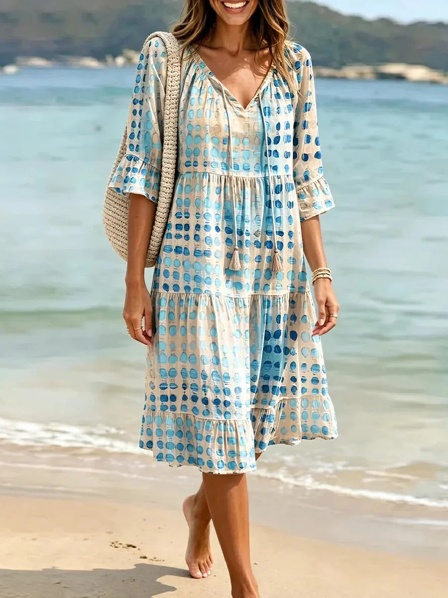 Blue Watercolor Dot Print Tie-Neck Tiered Midi Dress
