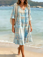 Blue Watercolor Dot Print Tie-Neck Tiered Midi Dress