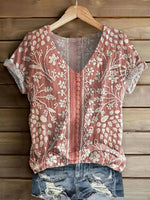 Vintage Floral Print V-neck Short Sleeve T-Shirt