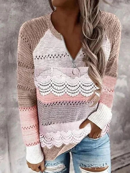 Multi Casual V Neck Stripe Long Sleeve Sweater