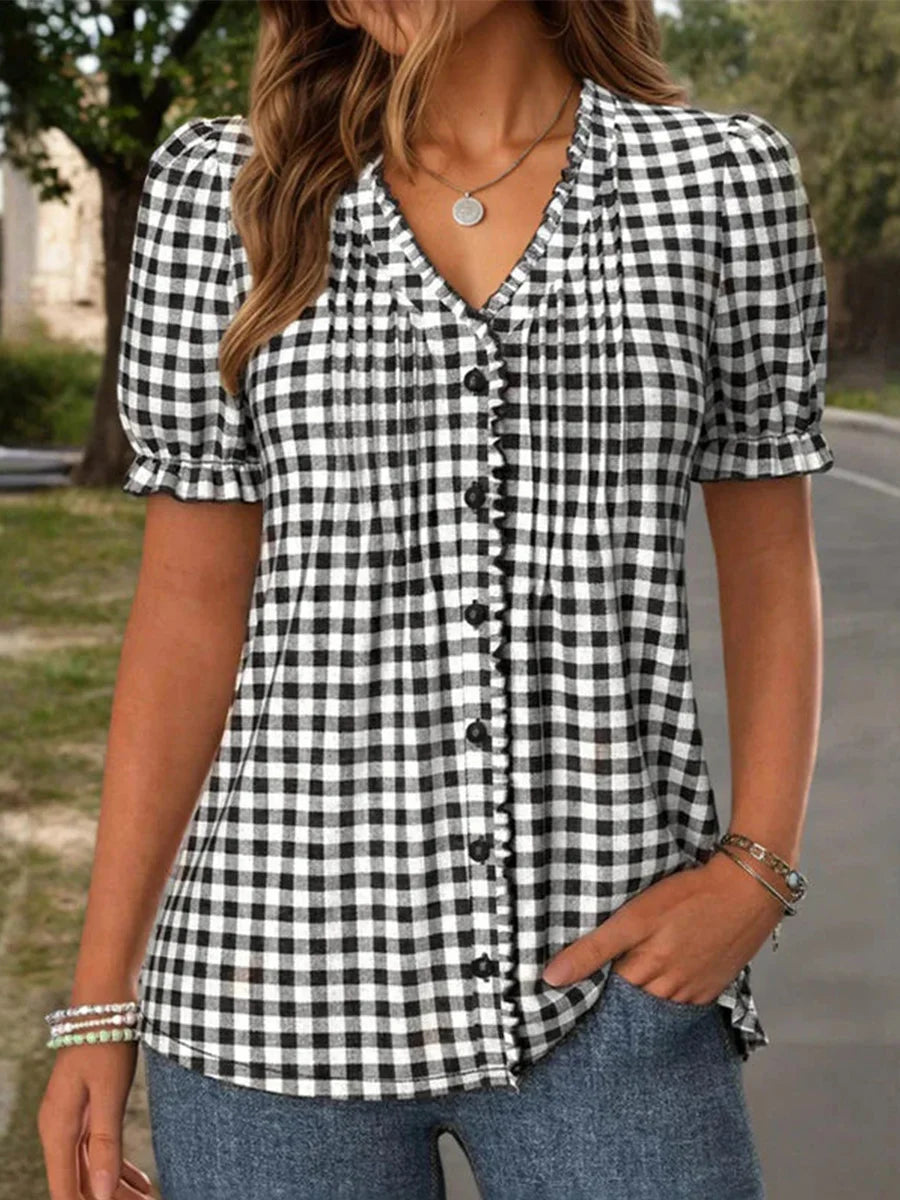 Casual Plaid V-neck Short Sleeve Blouse