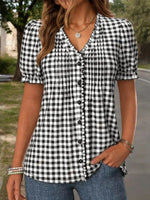 Casual Plaid V-neck Short Sleeve Blouse