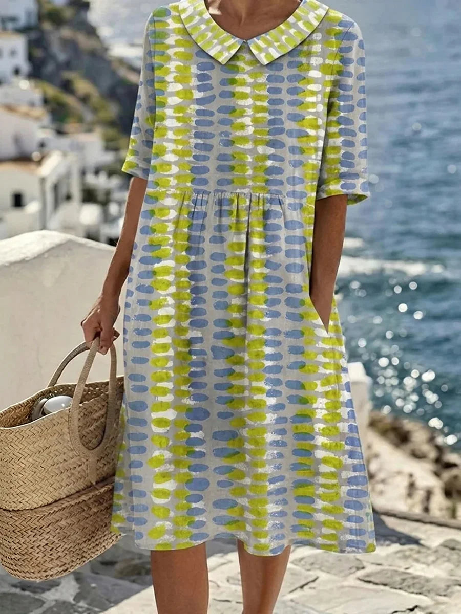 Blue Green Abstract Print Short Sleeve Dress