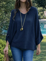 Women's V-neck Long Sleeve Casual Loose-fitting Knitted Pullover Sweater