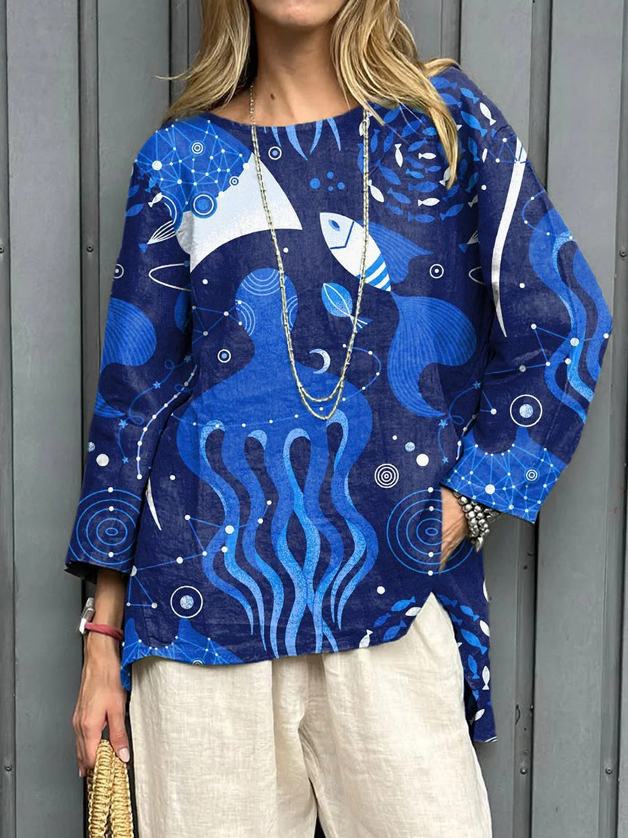 Women's Deep Sea Animal Art Print Round Neck 3/4 Sleeve Shirt