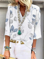 White Casual V Neck Printed 3/4 Sleeve Blouse