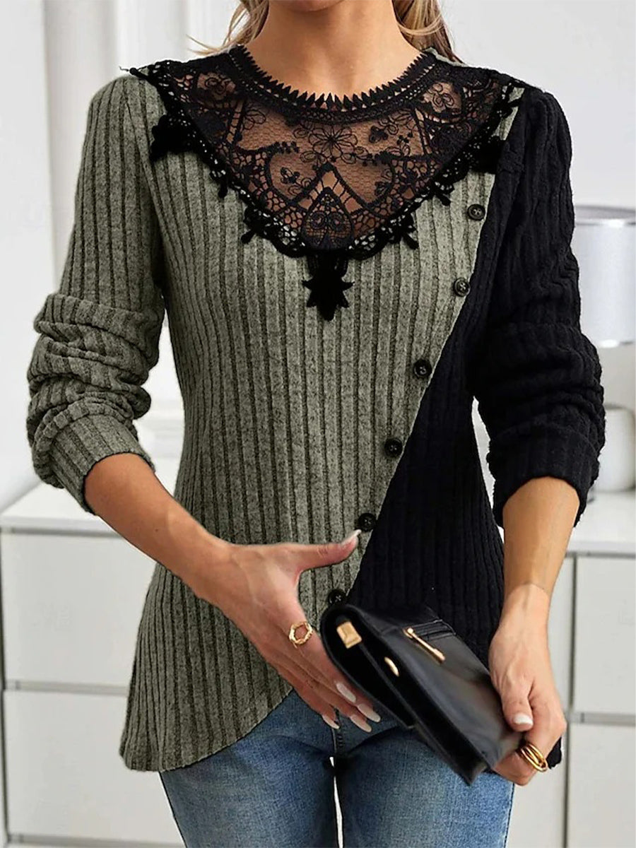 Slim Fit Lace Round Neck Long Sleeve Sweater