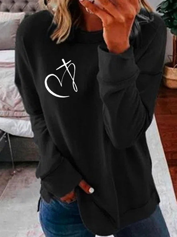 Black Casual Graphic Tops Round Neck Long Sleeve Heart Printed Sweatshirt