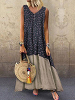 Floral Print Patchwork V-neck Sleeveless Maxi Dress