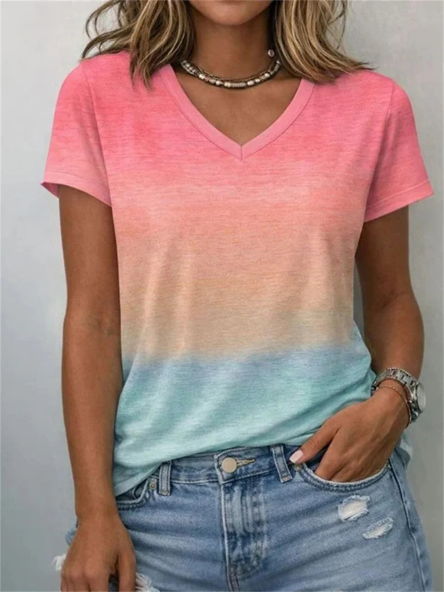 Casual Gradient V-neck Short Sleeve T-Shirt