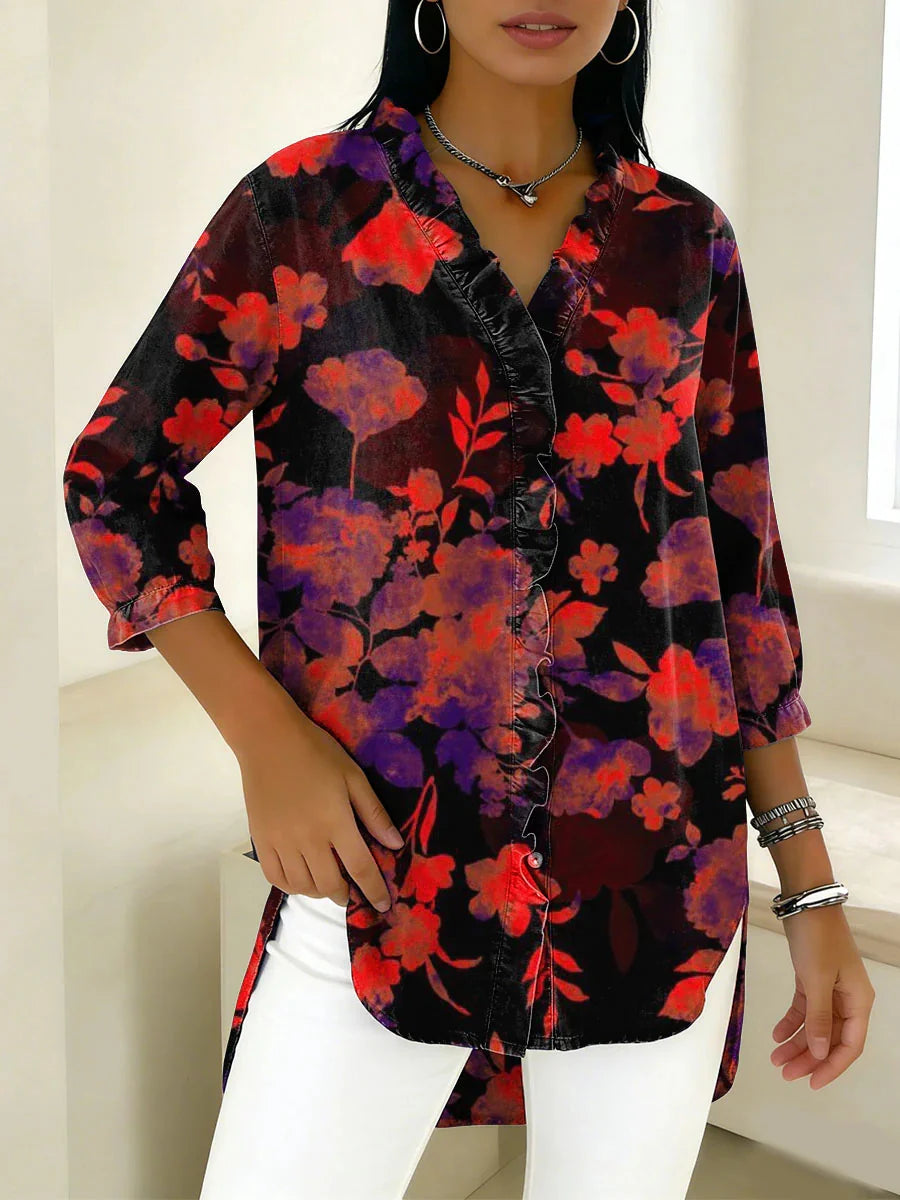 Vintage Floral Printed V-neck 3/4 Sleeve Shirt