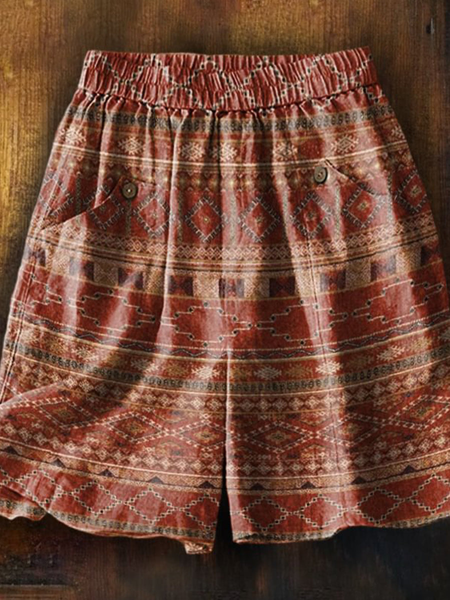 Women's Retro Bohemian Patchwork Totem Art Printed Casual Pocket Shorts