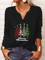 Black Casual Graphic Tops V-neck Long Sleeve Christmas Tree Printed Xmas Sweatshirts