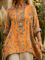 Vintage Round Neck Long Sleeve Floral Print Pocketed Irregular Hem Top