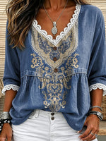 Blue Paisley Lace Trim V-Neck Peplum Blouse